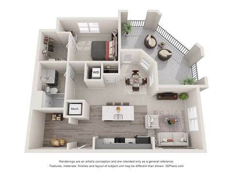 Floor plan for 1 bed, 1 bath, 926 sqft